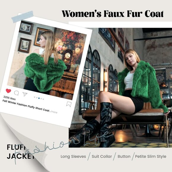 Women's Fur Coats Plus Size Cropped Faux Fuzzy Jacket Fluffy Fall Coat Green - Picture 3 of 5
